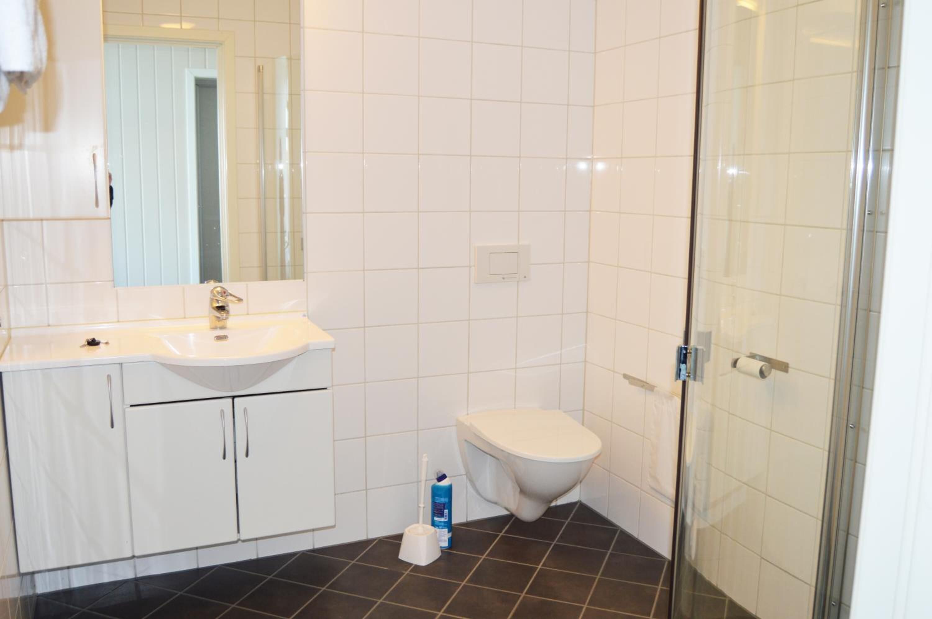 A bathroom with a white sink, mirror, and toilet.