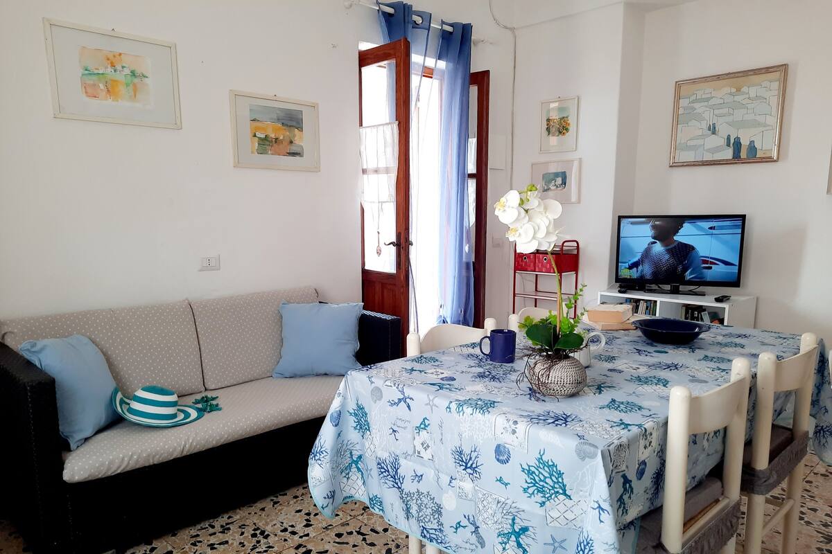 Un salon comprenant un canapé, une table basse avec un vase de fleurs, un téléviseur et une bibliothèque.