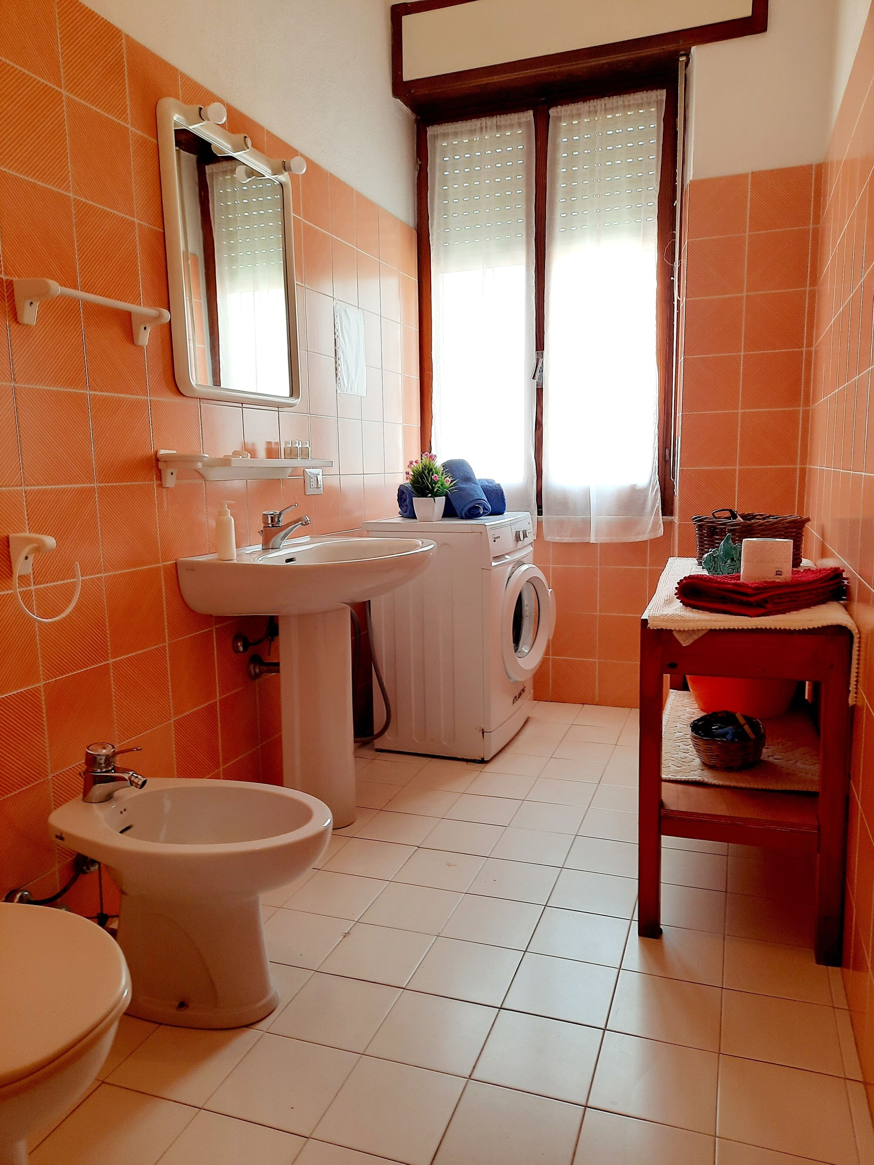 A bathroom with a toilet, bidet, sink, and washing machine.