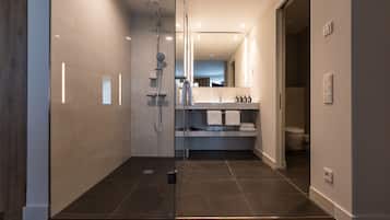 A modern bathroom with a glass shower enclosure, a vanity with a mirror, and a toilet.