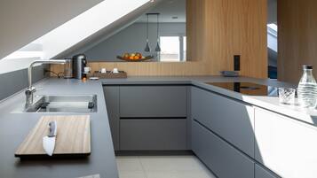 Superior Apartment | Private kitchen | Espresso maker, electric kettle, cleaning supplies, paper towels