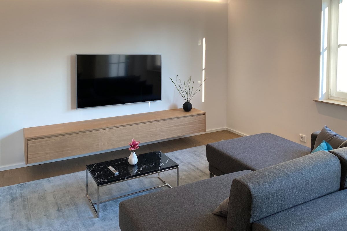 Deluxe Apartment | Living area | 42-inch flat-screen TV with satellite channels, TV, heated floors