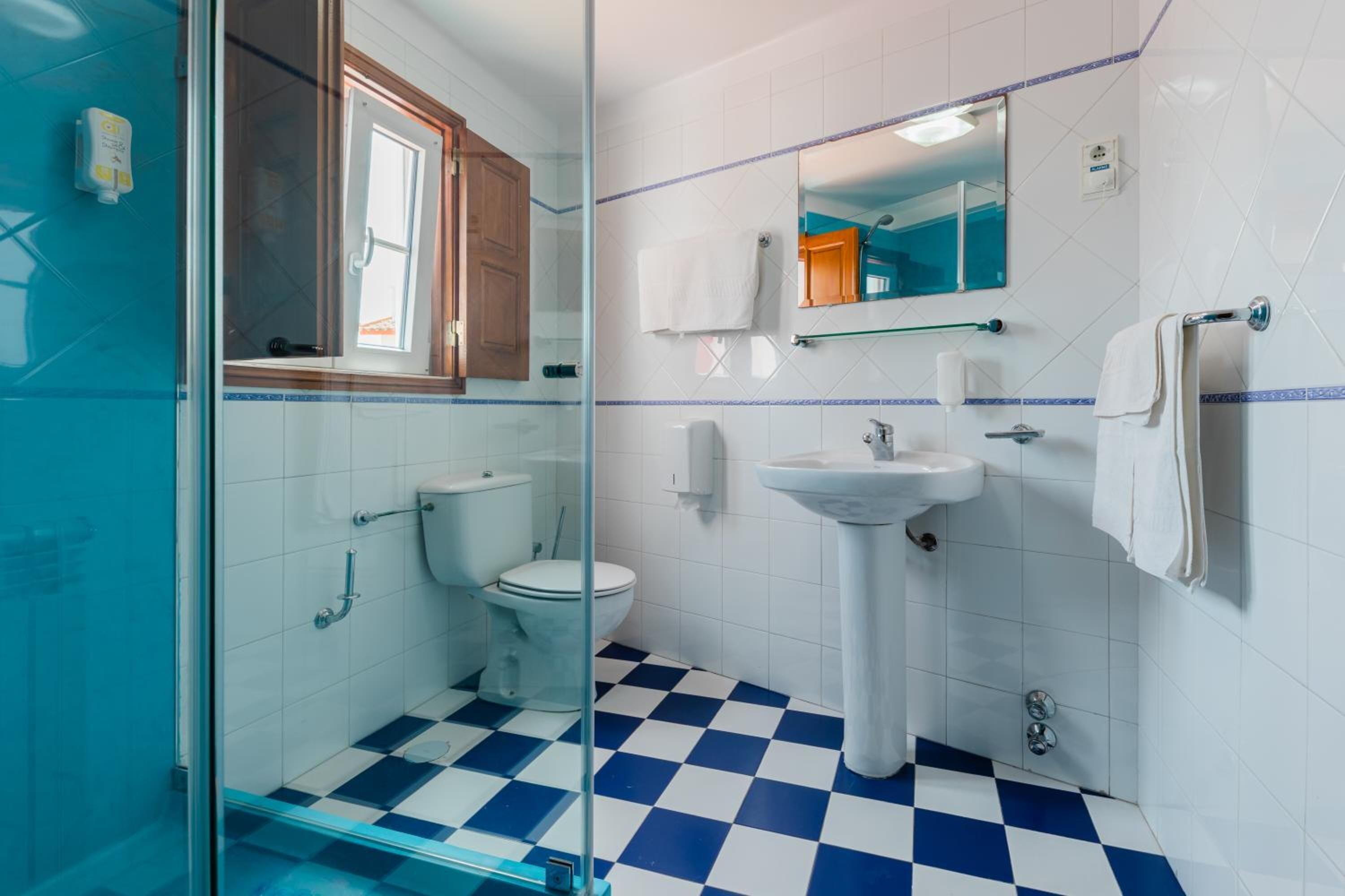 A bathroom with a glass shower enclosure, a toilet, a sink, and a mirror above the sink.