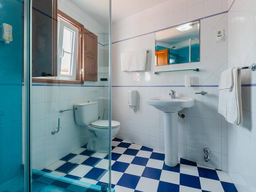 A bathroom with a glass shower enclosure, a toilet, a sink, and a mirror above the sink.