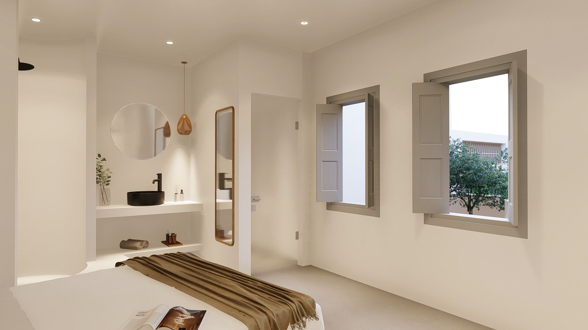A modern bedroom with a large window, a round mirror, a built-in shelf with a black basin, and a bedside table with a magazine.