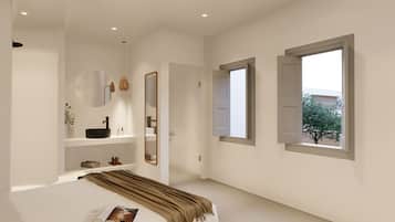 A modern bedroom with a large window, a round mirror, a built-in shelf with a black basin, and a bedside table with a magazine.