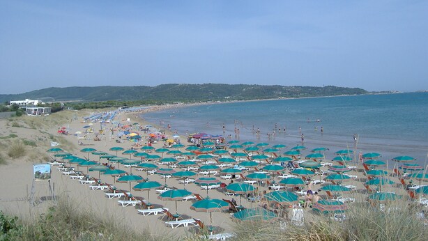 Een strand met rijen parasols en ligbedden, een heldere lucht en een heuvelachtig landschap op de achtergrond.