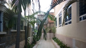 A narrow corridor with tiled flooring, flanked by walls with windows and potted plants.