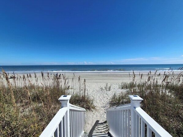 A pathway leading to a beach with a clear view of the ocean.