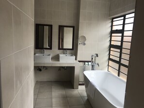 Banheira, secador de cabelo, toalhas de banho 