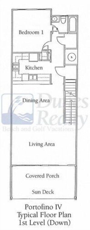 Pianta tipica di un hotel Portofino IV, che include una camera da letto, cucina, zona pranzo, soggiorno, portico coperto e solarium.