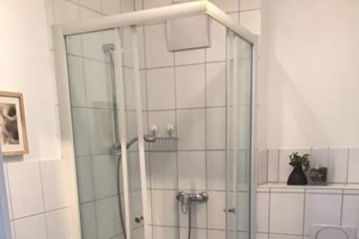Shower, hair dryer, towels, toilet paper