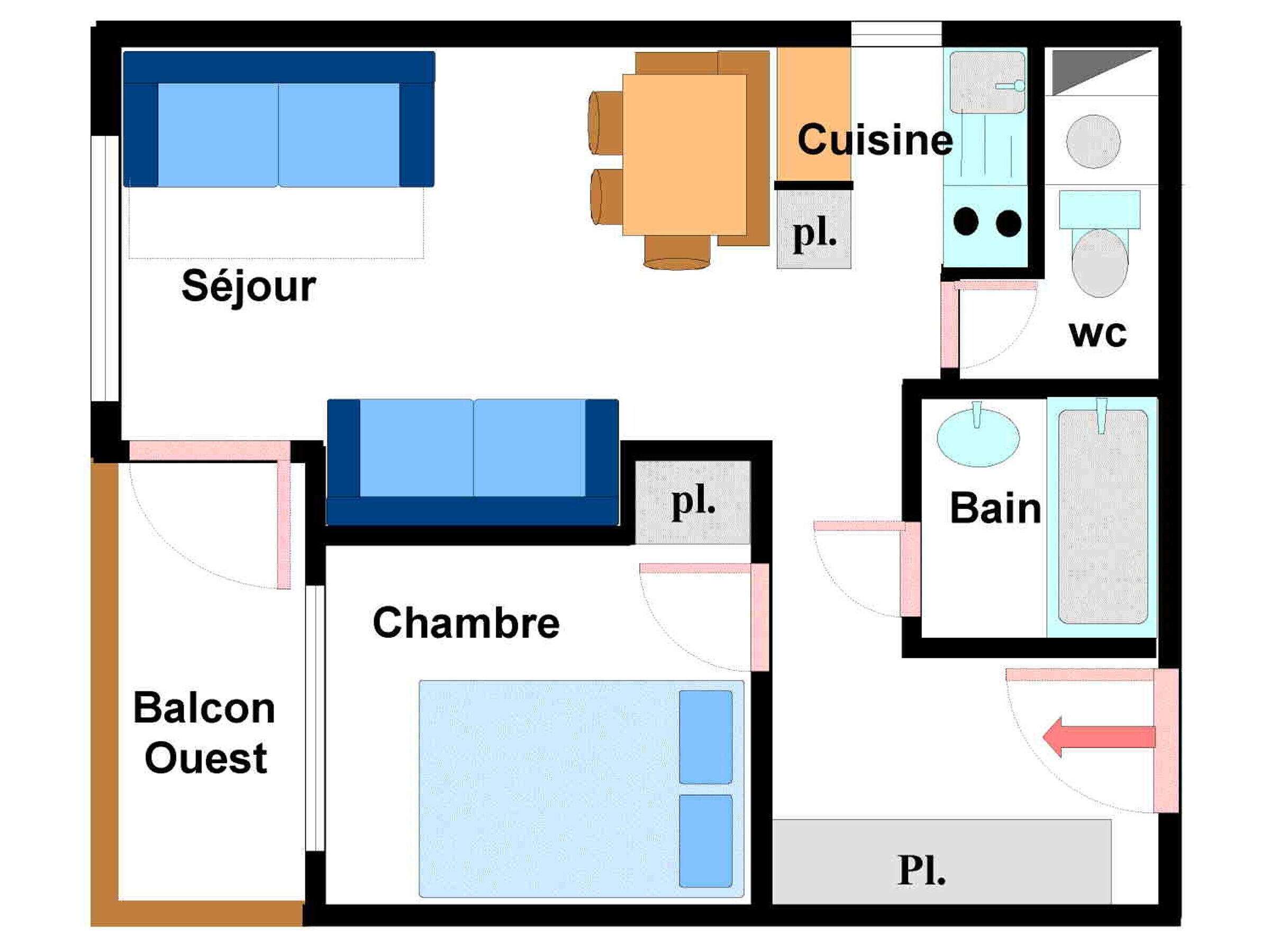 A hotel layout with a balcony, a sitting area, a dining room, a kitchen, a bathroom, and a bedroom.