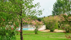 Un jardín bien cuidado con piscina, rodeado de exuberante vegetación y plantas en flor.