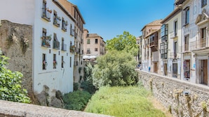 Una calle estrecha bordeada por edificios con balcones, una pared de piedra y vegetación.