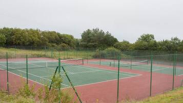 Una cancha de tenis con una valla verde y árboles al fondo.