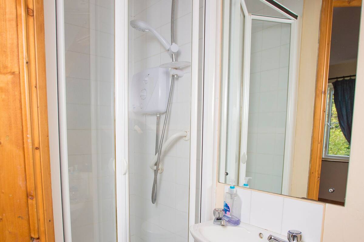 A bathroom with a shower, a sink, and a mirror.