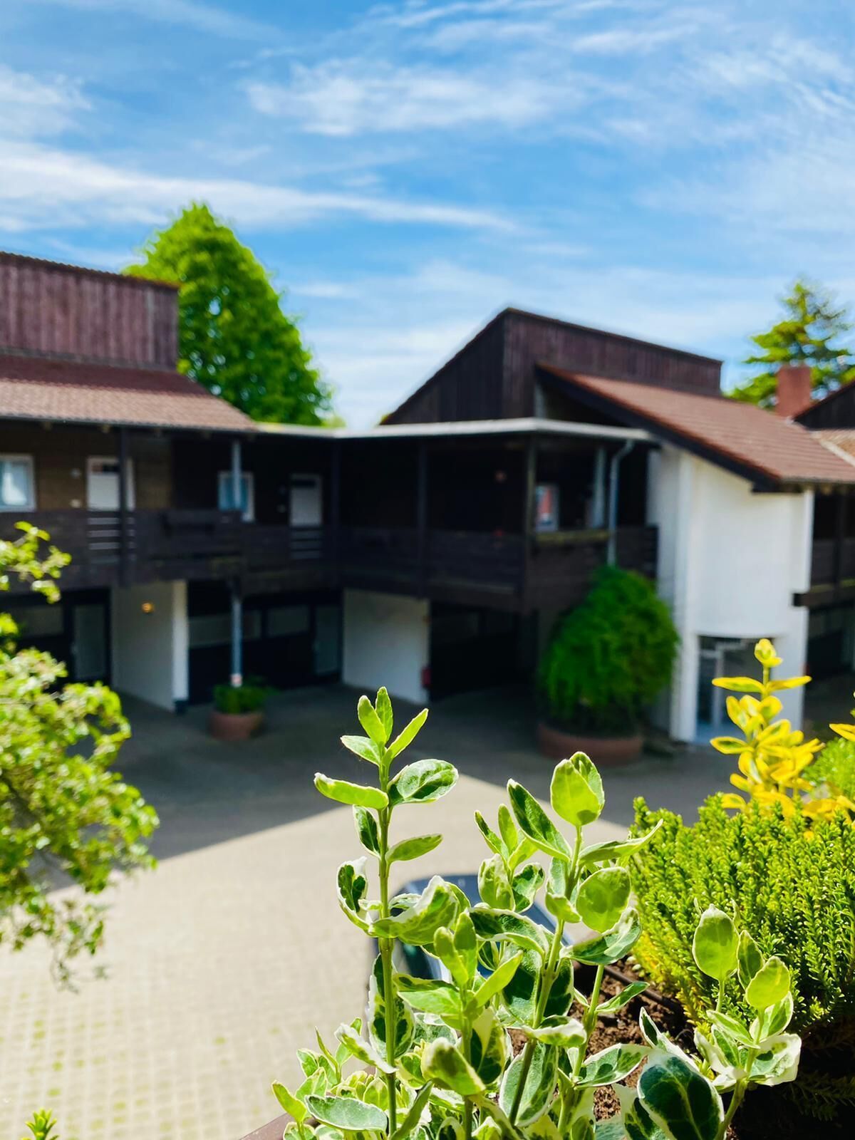 Ein Innenhof mit zweistöckigen Gebäuden, Blumentöpfen und blauem Himmel.