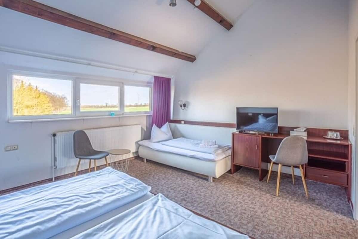 A hotel room with a bed, a desk, a chair, a television, and a window with a view of trees.