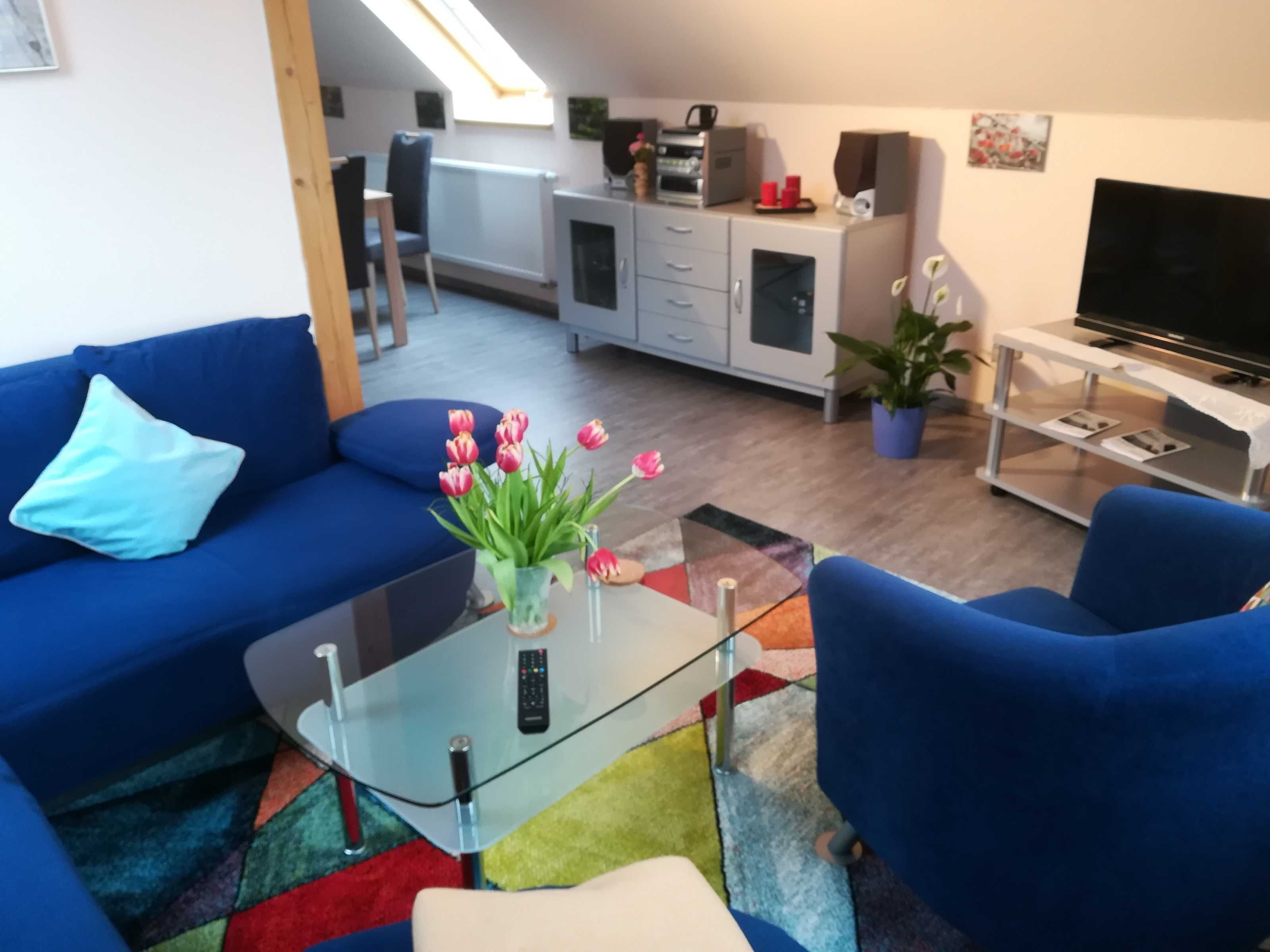 A modern living room with a blue sofa, a glass coffee table, and a colorful rug. There is a kitchen area in the background with a microwave and a coffee machine.