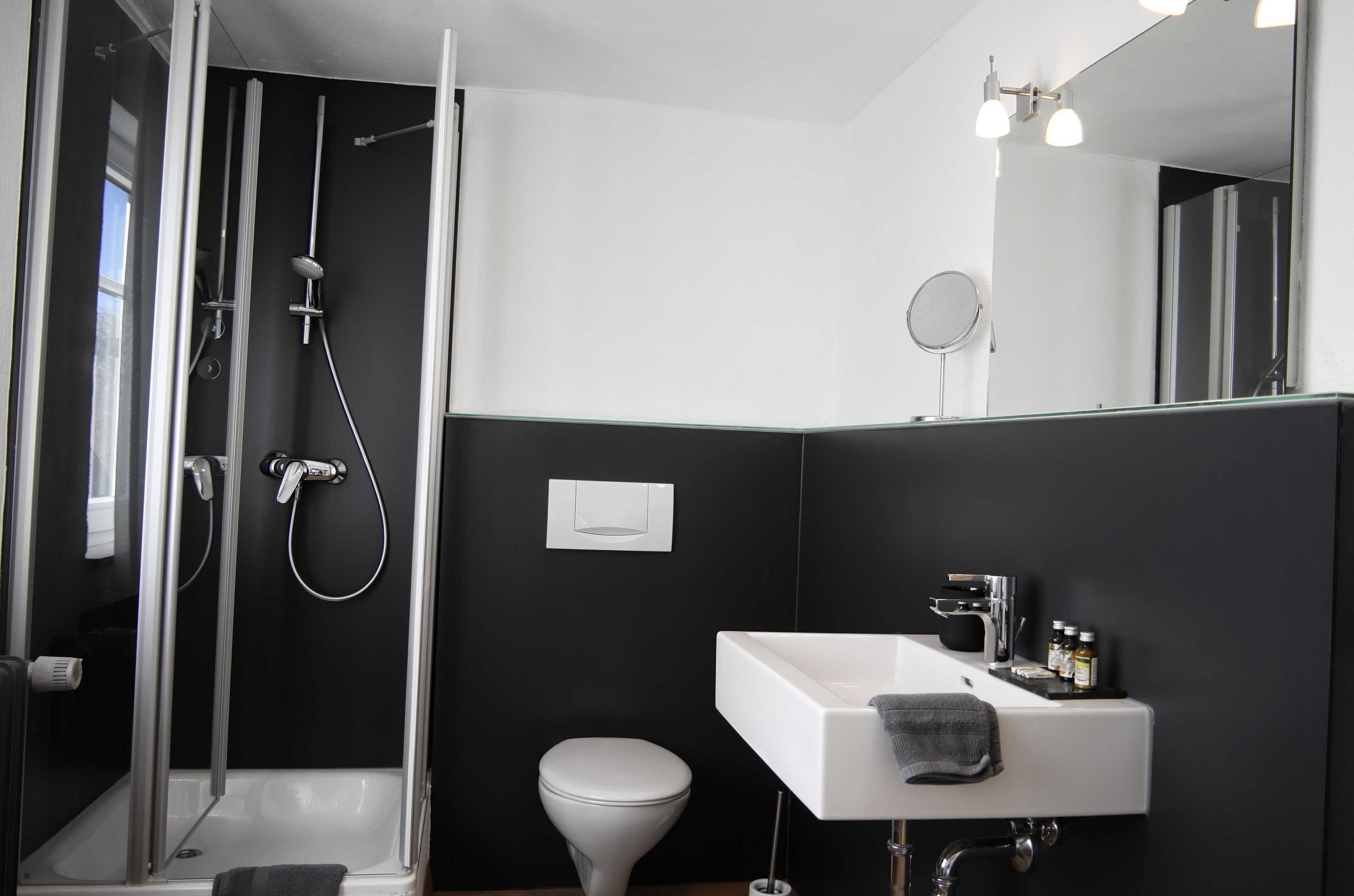 A modern bathroom with a glass-enclosed shower, a white sink, and a large mirror.