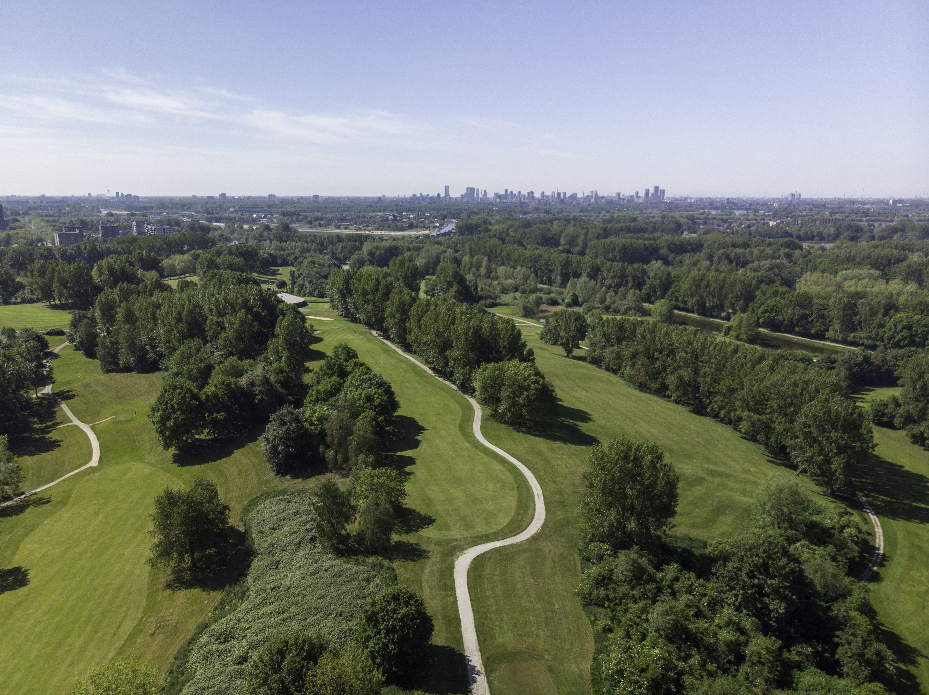 Vista aérea de un parque con senderos sinuosos, abundante vegetación y un horizonte urbano lejano.