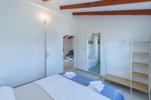 A bedroom with a bed, a wardrobe, a mirror, and a shower area.