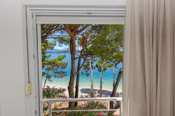 A window with a view of a beach, trees, and clear blue water.