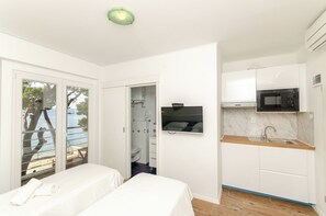 A compact room with a bed, a bathroom, and a kitchenette.