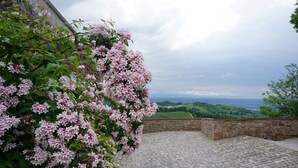 A stone pathway leading to a stone wall overlooking a scenic landscape. - Pension Talblick (Baiersbronn)
