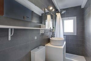 Chuveiro, secador de cabelo, toalhas de banho 