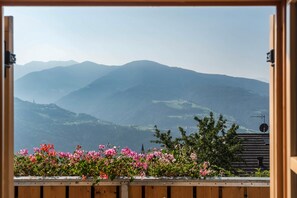 A view through an open door with a wooden frame, featuring pink flowers in the foreground and a mountainous landscape in the background. - Holiday Apartment “Rafaser - Rustika” with Mountain View, Wi-Fi, Balcony & Garden (Feldthurns)