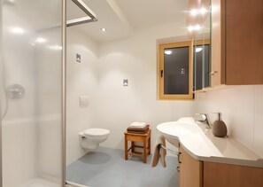 Shower, hair dryer, towels - Holiday Apartment “Rafaser - Rustika” with Mountain View, Wi-Fi, Balcony & Garden (Feldthurns)