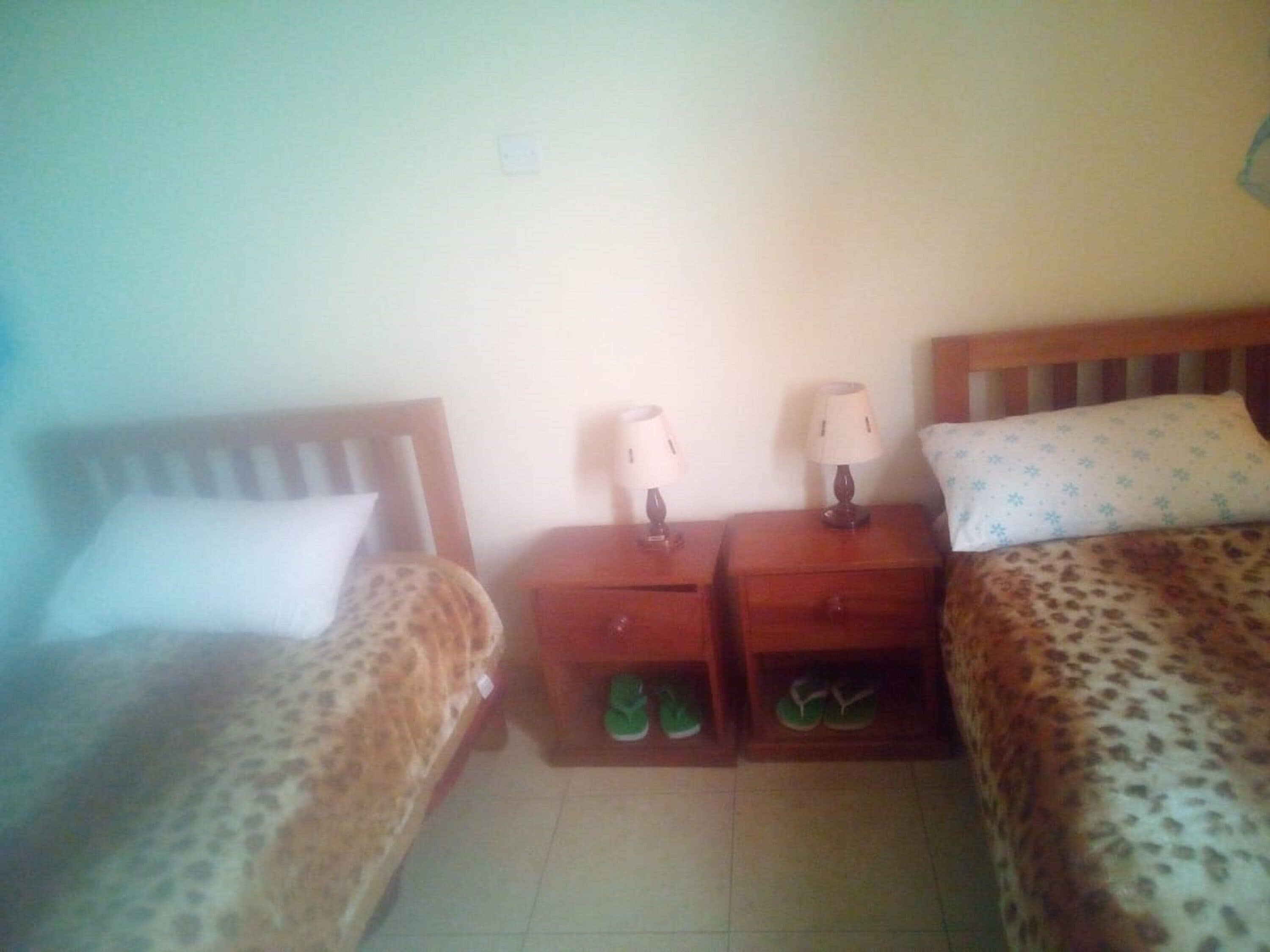 A bedroom with two beds, each with leopard print bedding, a nightstand between them, and a lamp on each nightstand.