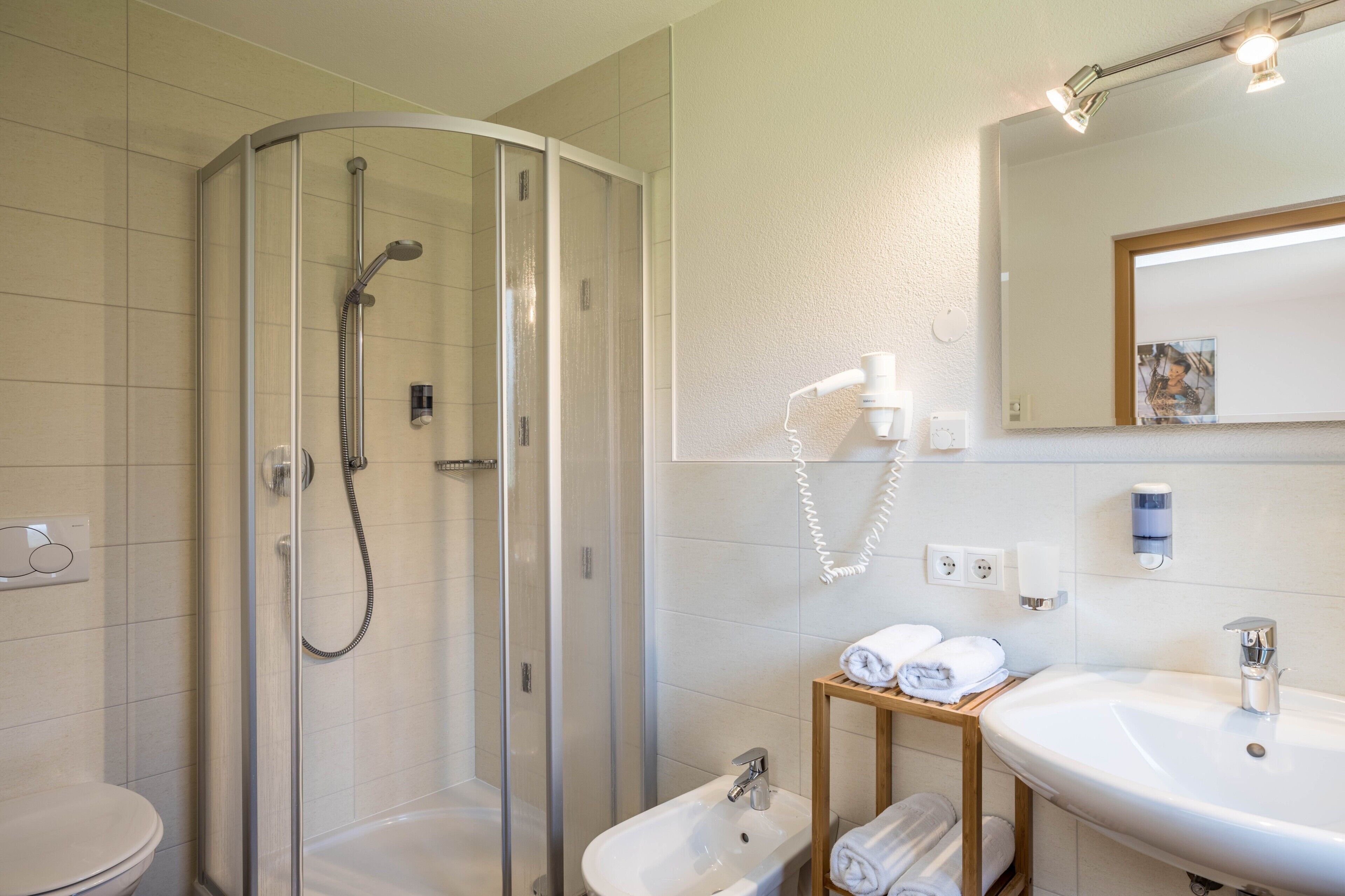 Shower, hair dryer, towels