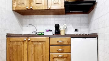 Kühlschrank, Mikrowelle, Herdplatte, Wasserkocher mit Kaffee-/Teezubehör