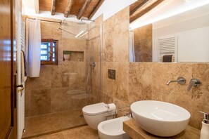 Shower, hair dryer, bidet, towels