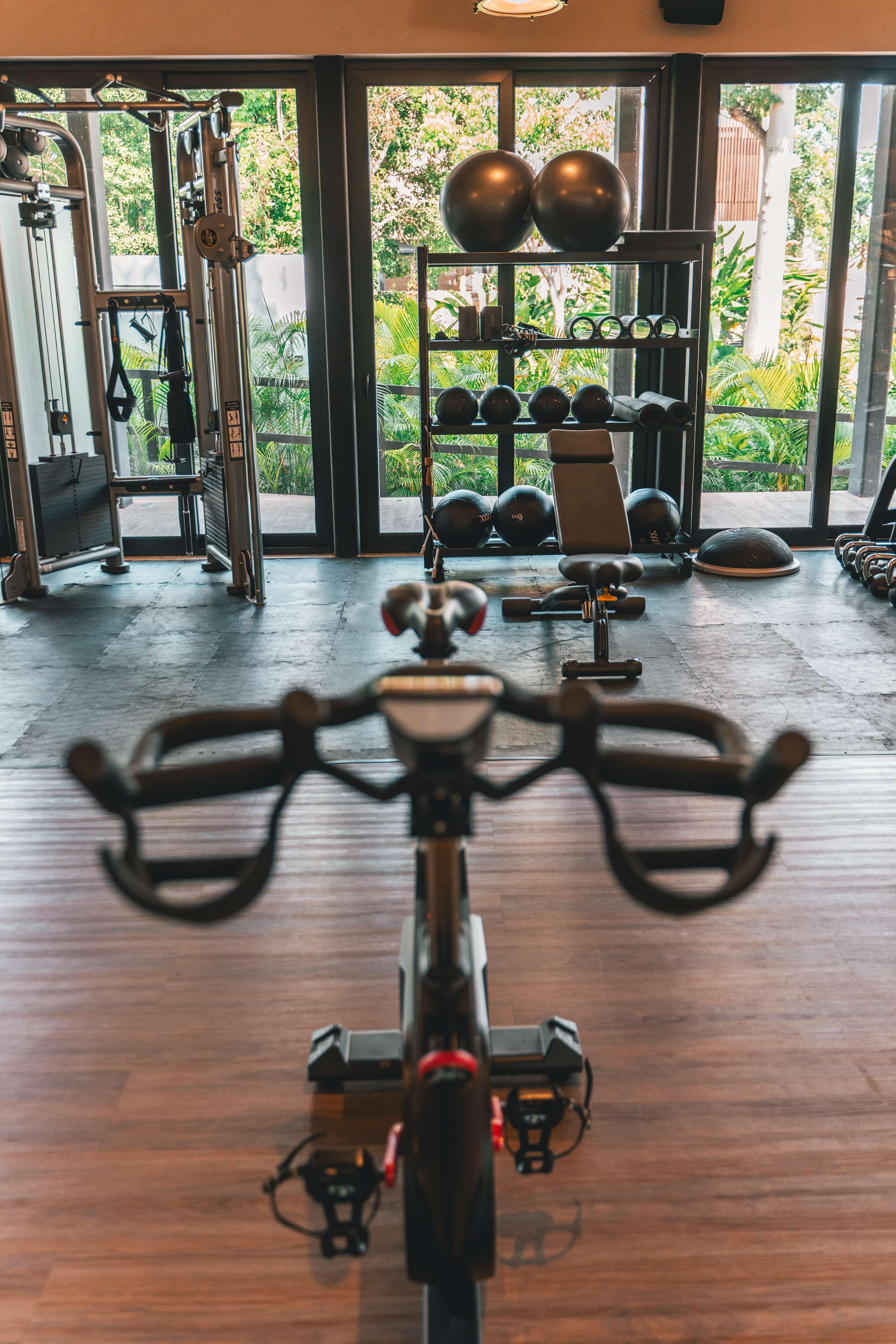 A stationary bike in a gym with exercise equipment and a view of greenery outside.