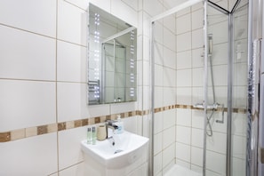 Shower, hair dryer, towels