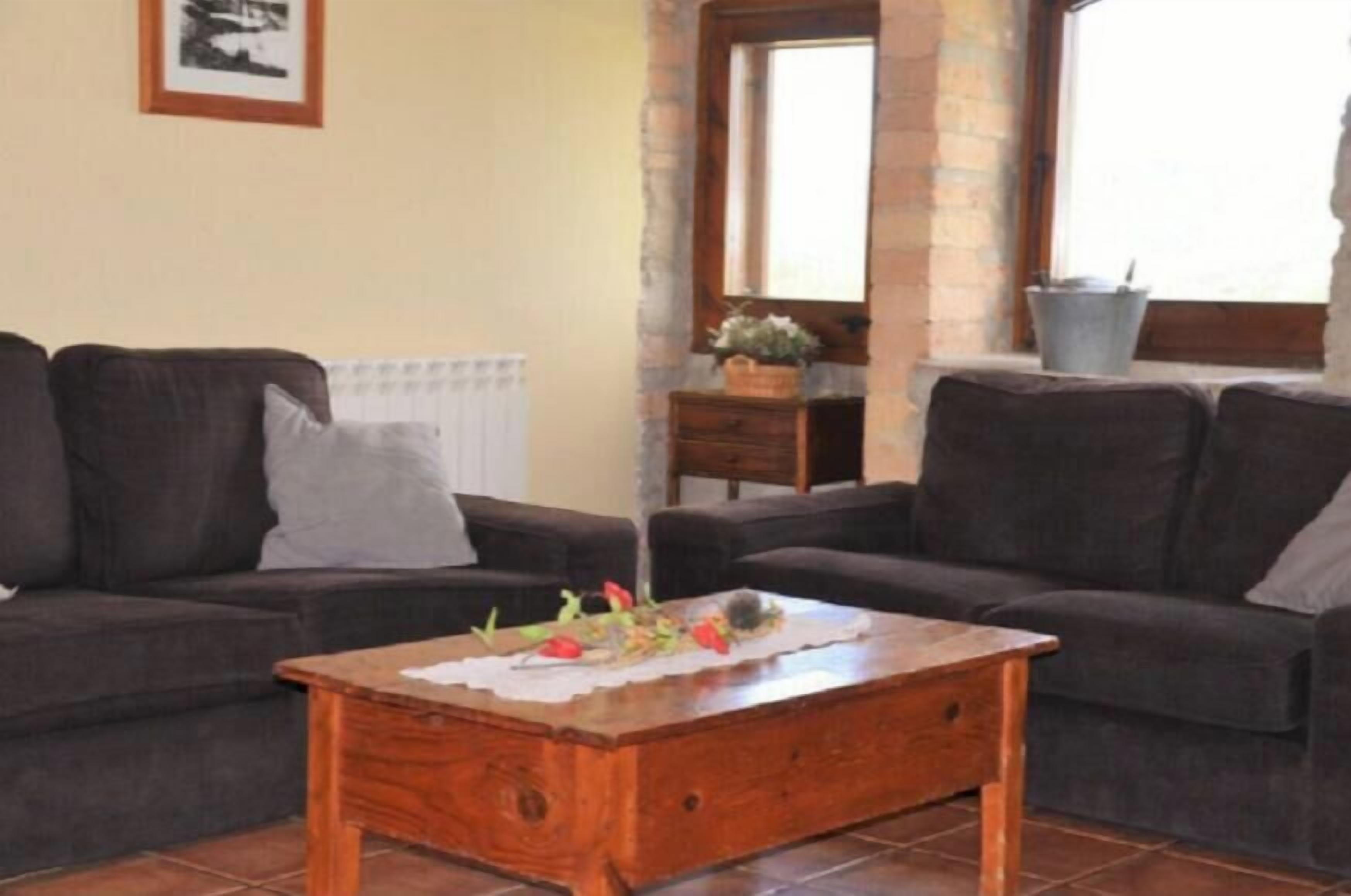 A living room with two dark sofas, a wooden coffee table, a small side table, and a window with a view.