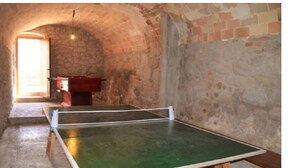Una mesa de ping pong en una habitación con paredes de piedra y suelo de madera.