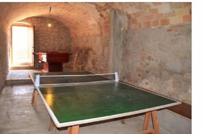 Enjoy a game of ping pong in this room with a ping pong table and stone archway.