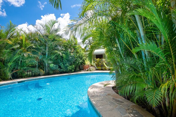 Una piscina al aire libre, sillones reclinables de piscina