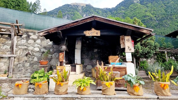 A rustic building with a stone wall, wooden beams, and a sign reading 'ESTINTORE'.