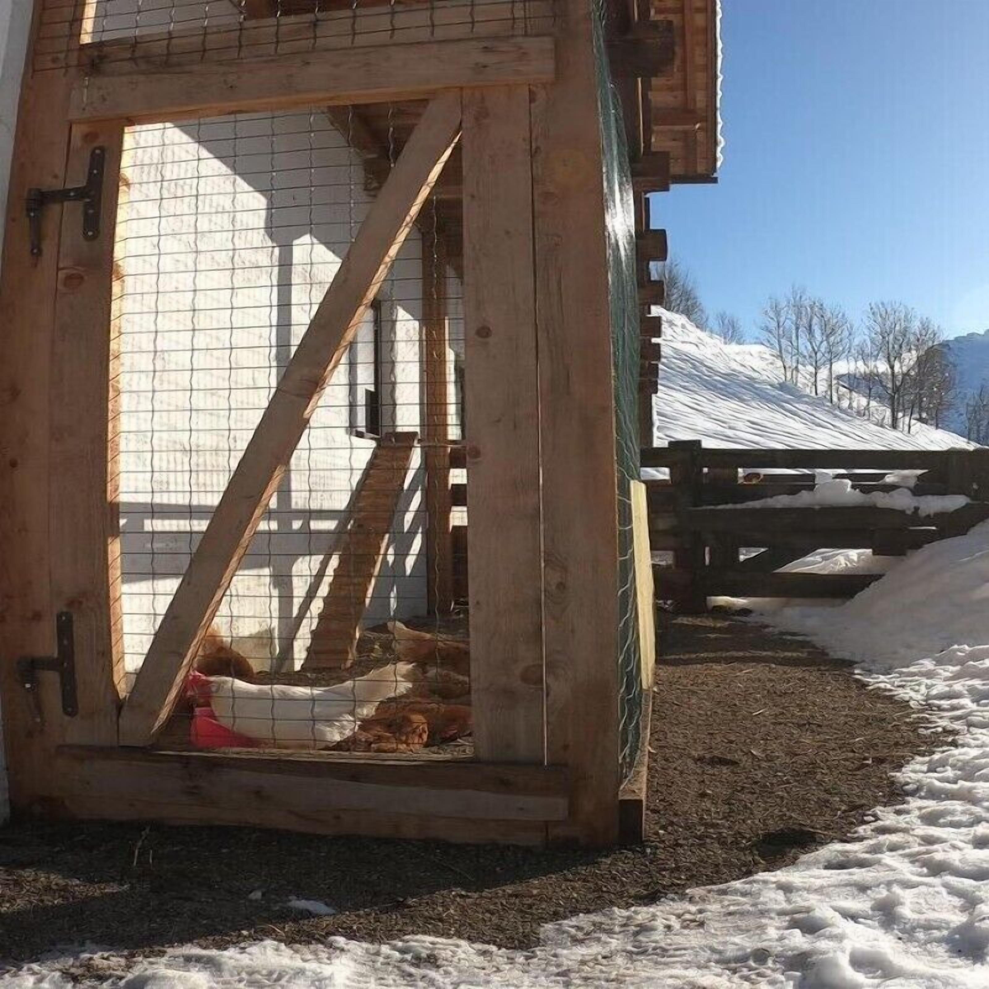 Een houten constructie met een metalen deur, een besneeerd landschap en een heldere lucht.