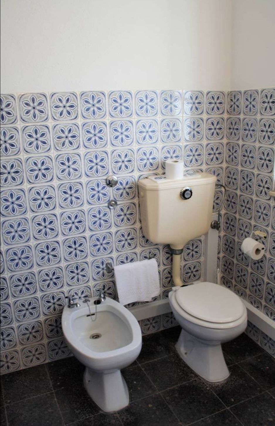 Un baño con inodoro, bidé y soporte para papel higiénico en la pared.