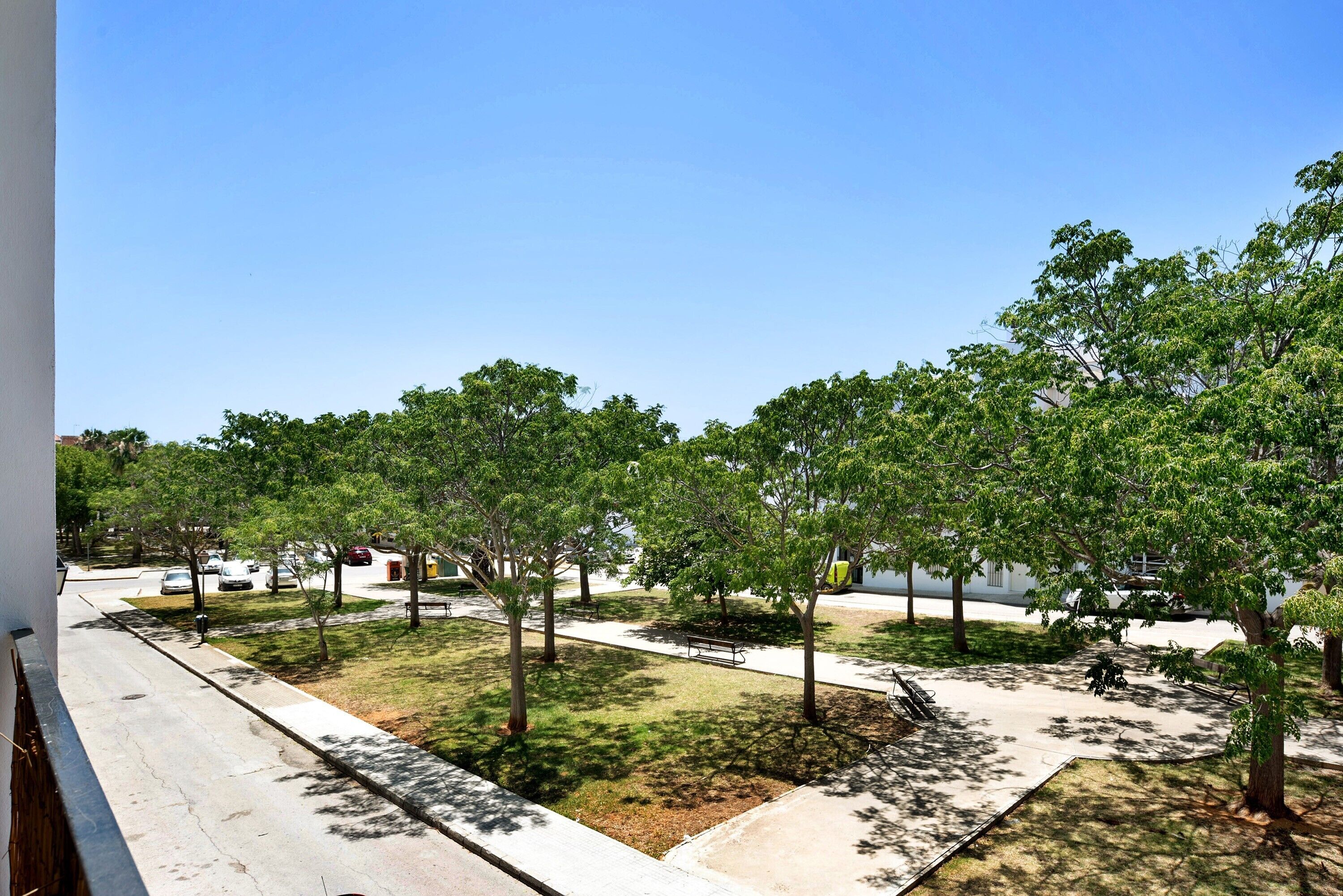 Un parque con árboles, un banco y un sendero.