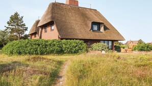 A thatched-roof house with a brick base, surrounded by greenery and a clear path leading to it.