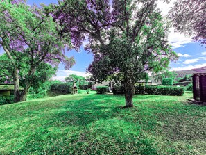 A garden with trees, a small building, and a clear sky.
