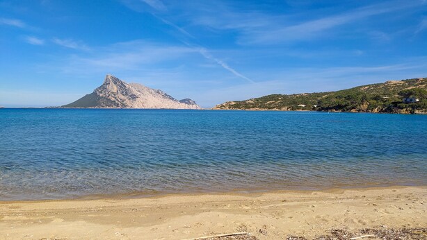 A beach with clear blue water, a mountain in the background, and a hilly landscape. - Tranquil Apartment "Leccio" on the Beach with Terrace, Garden & Wi-Fi (San Teodoro)